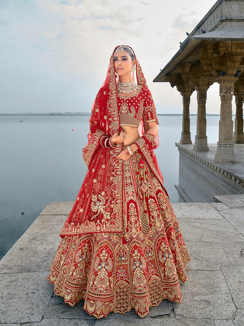 Monjolika Fashion Red Silk Embroidered Sequins Thread And Zari Work Bridal Trendy Lehenga Choli - Swadesiicart
