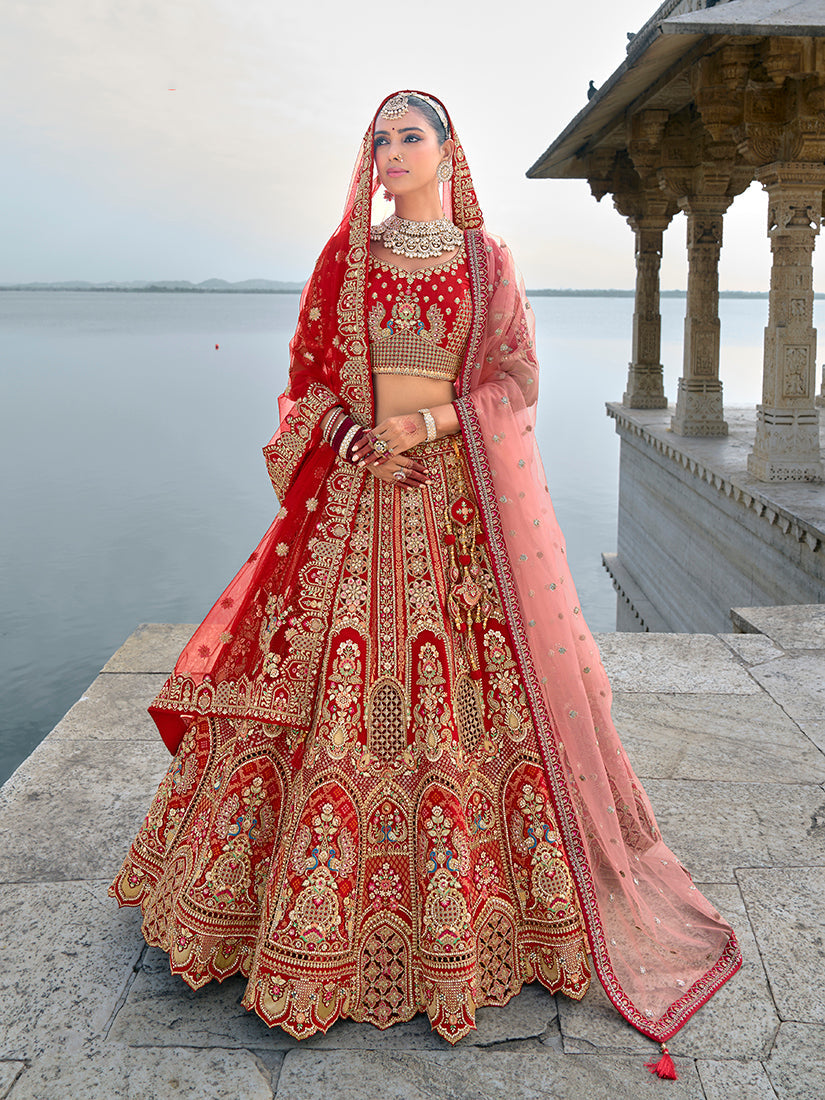 Monjolika Fashion Red Silk Embroidered Sequins Thread And Zari Work Bridal Trendy Lehenga Choli - Swadesiicart
