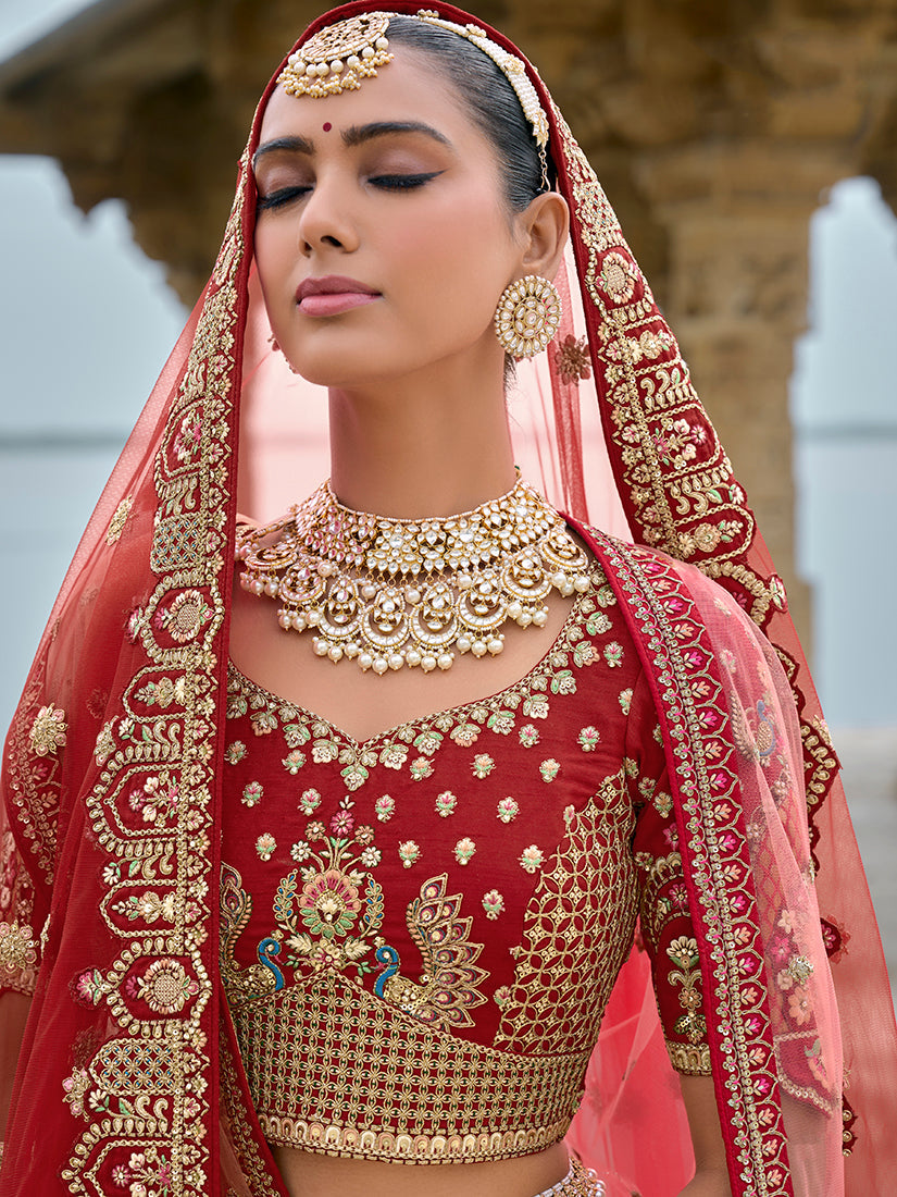 Monjolika Fashion Red Silk Embroidered Sequins Thread And Zari Work Bridal Trendy Lehenga Choli - Swadesiicart