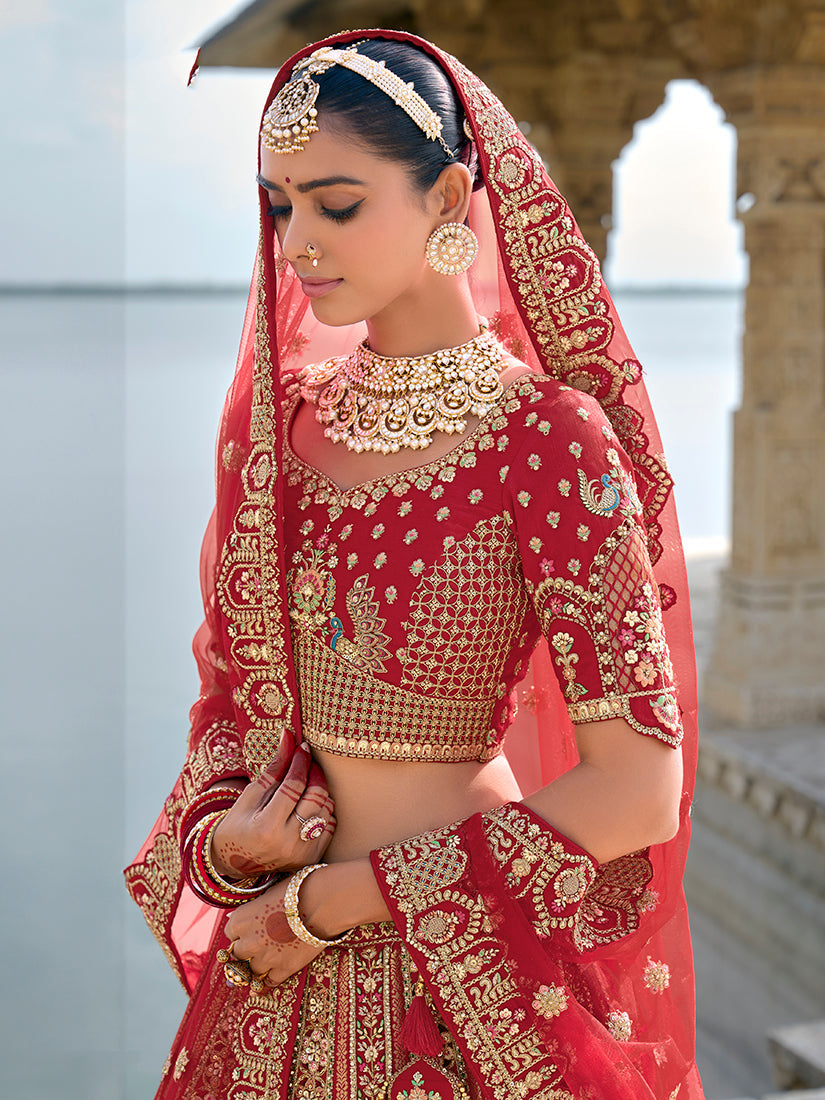 Monjolika Fashion Red Silk Embroidered Sequins Thread And Zari Work Bridal Trendy Lehenga Choli - Swadesiicart