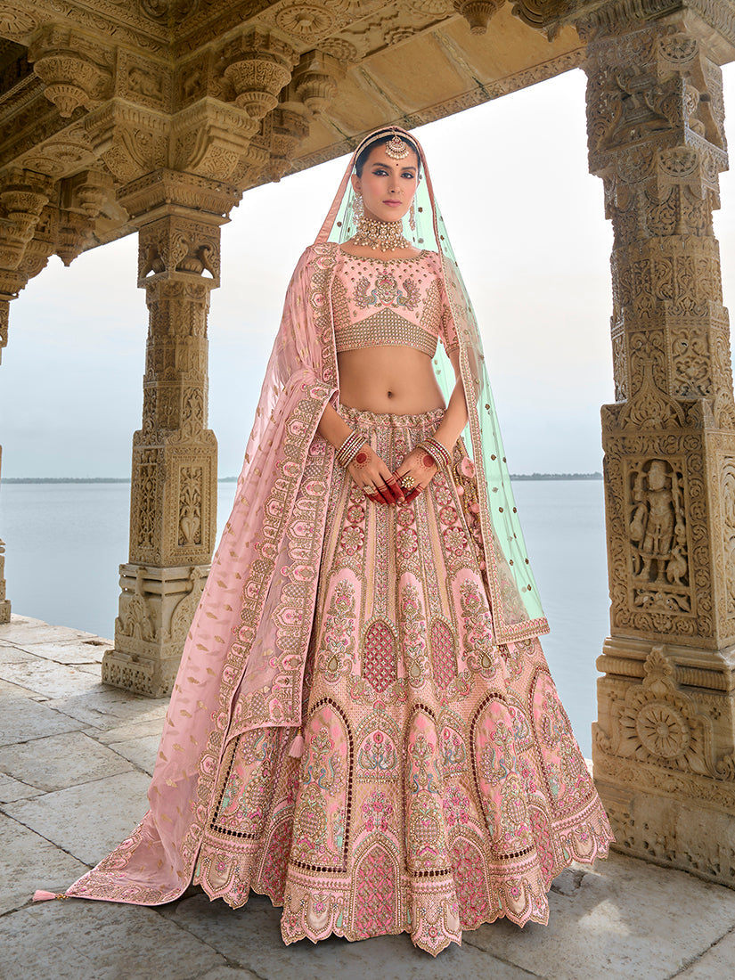 Monjolika Fashion Light Pink Silk Embroidered Sequins Thread And Zari Work Bridal Trendy Lehenga Choli - Swadesiicart