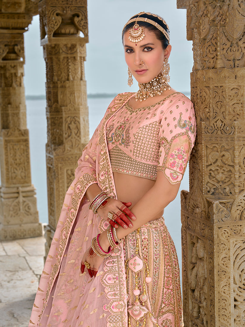 Monjolika Fashion Light Pink Silk Embroidered Sequins Thread And Zari Work Bridal Trendy Lehenga Choli - Swadesiicart