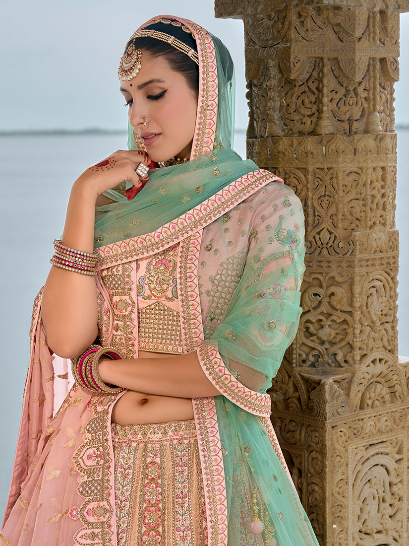 Monjolika Fashion Light Pink Silk Embroidered Sequins Thread And Zari Work Bridal Trendy Lehenga Choli - Swadesiicart