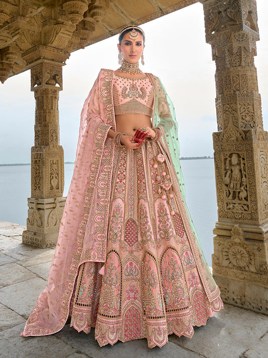 Monjolika Fashion Light Pink Silk Embroidered Sequins Thread And Zari Work Bridal Trendy Lehenga Choli - Swadesiicart
