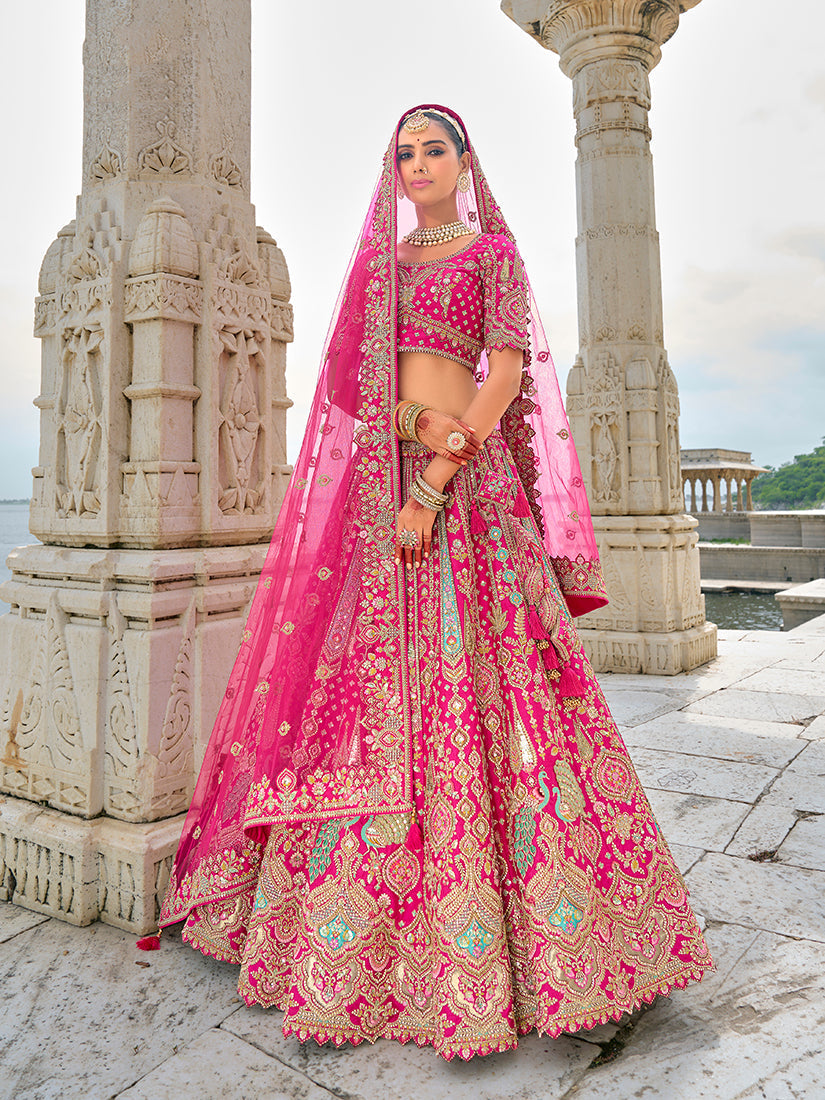 Monjolika Fashion Rani Pink Silk Embroidered Sequins Thread And Zari Work Bridal Trendy Lehenga Choli - Swadesiicart