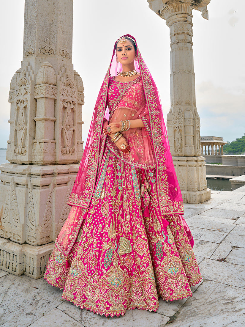 Monjolika Fashion Rani Pink Silk Embroidered Sequins Thread And Zari Work Bridal Trendy Lehenga Choli - Swadesiicart