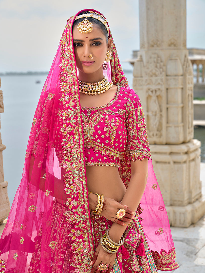 Monjolika Fashion Rani Pink Silk Embroidered Sequins Thread And Zari Work Bridal Trendy Lehenga Choli - Swadesiicart