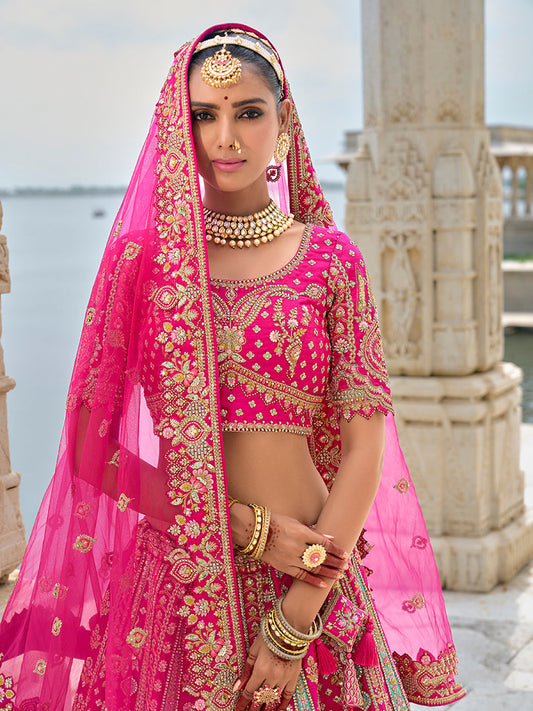 Monjolika Fashion Rani Pink Silk Embroidered Sequins Thread And Zari Work Bridal Trendy Lehenga Choli - Swadesiicart