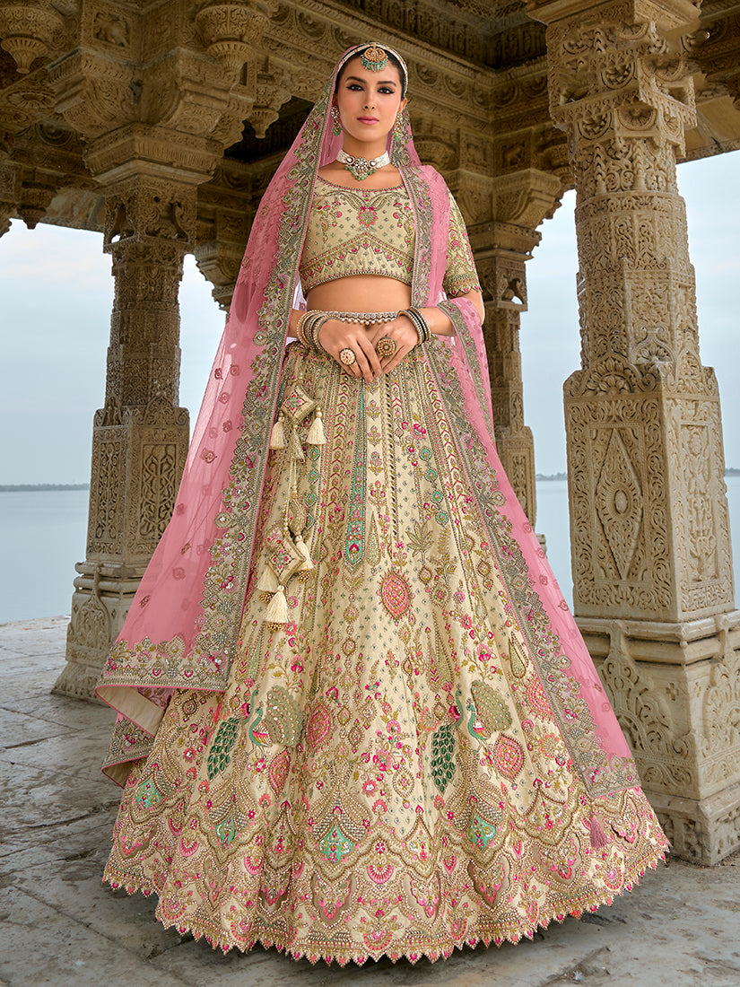 Monjolika Fashion Cream Silk Embroidered Sequins Thread And Zari Work Bridal Trendy Lehenga Choli - Swadesiicart
