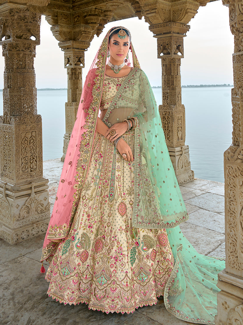 Monjolika Fashion Cream Silk Embroidered Sequins Thread And Zari Work Bridal Trendy Lehenga Choli - Swadesiicart