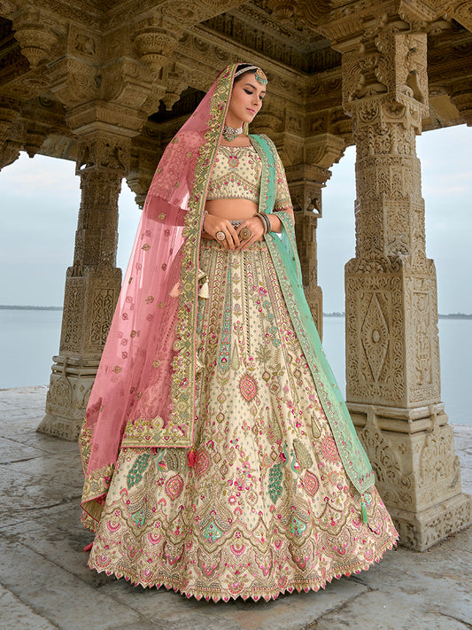 Monjolika Fashion Cream Silk Embroidered Sequins Thread And Zari Work Bridal Trendy Lehenga Choli - Swadesiicart