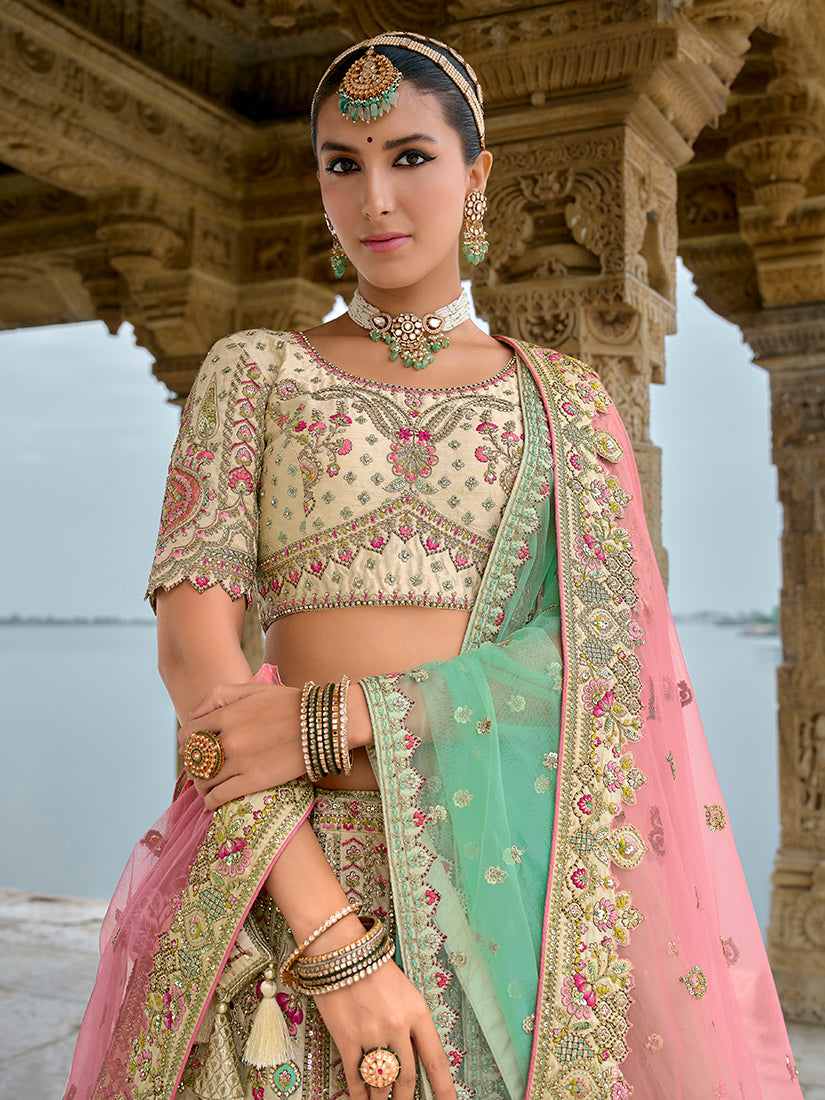 Monjolika Fashion Cream Silk Embroidered Sequins Thread And Zari Work Bridal Trendy Lehenga Choli - Swadesiicart