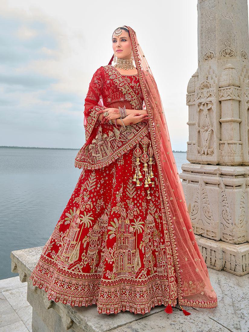 Monjolika Fashion Red Silk Embroidered Sequins Thread And Zari Work Bridal Trendy Lehenga Choli - Swadesiicart