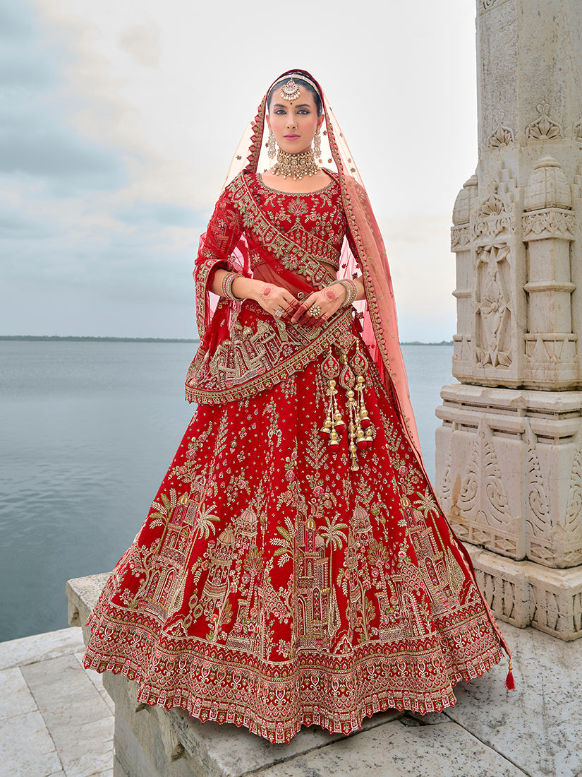 Monjolika Fashion Red Silk Embroidered Sequins Thread And Zari Work Bridal Trendy Lehenga Choli - Swadesiicart