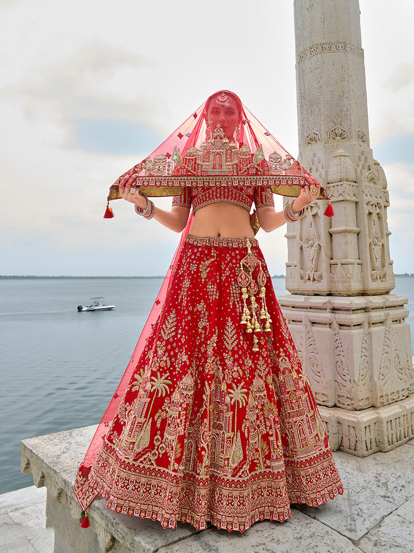 Monjolika Fashion Red Silk Embroidered Sequins Thread And Zari Work Bridal Trendy Lehenga Choli - Swadesiicart