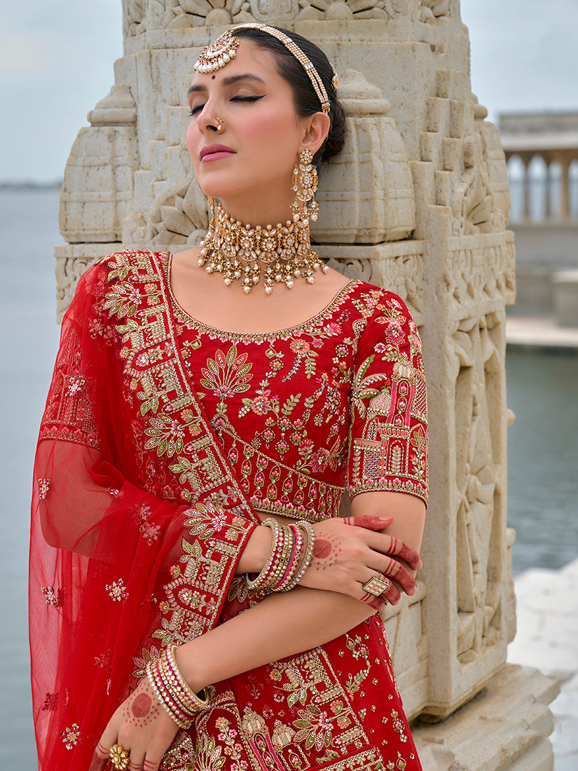 Monjolika Fashion Red Silk Embroidered Sequins Thread And Zari Work Bridal Trendy Lehenga Choli - Swadesiicart