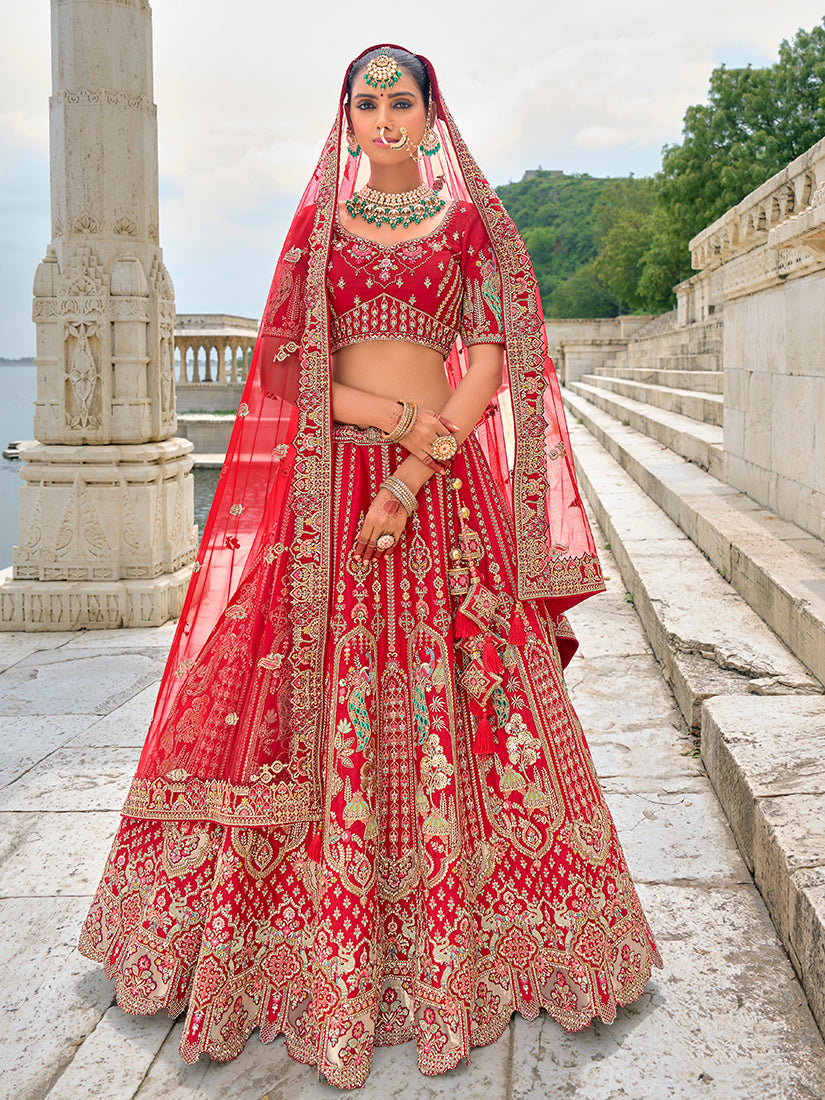 Monjolika Fashion Red Silk Embroidered Sequins Thread And Zari Work Bridal Trendy Lehenga Choli - Swadesiicart