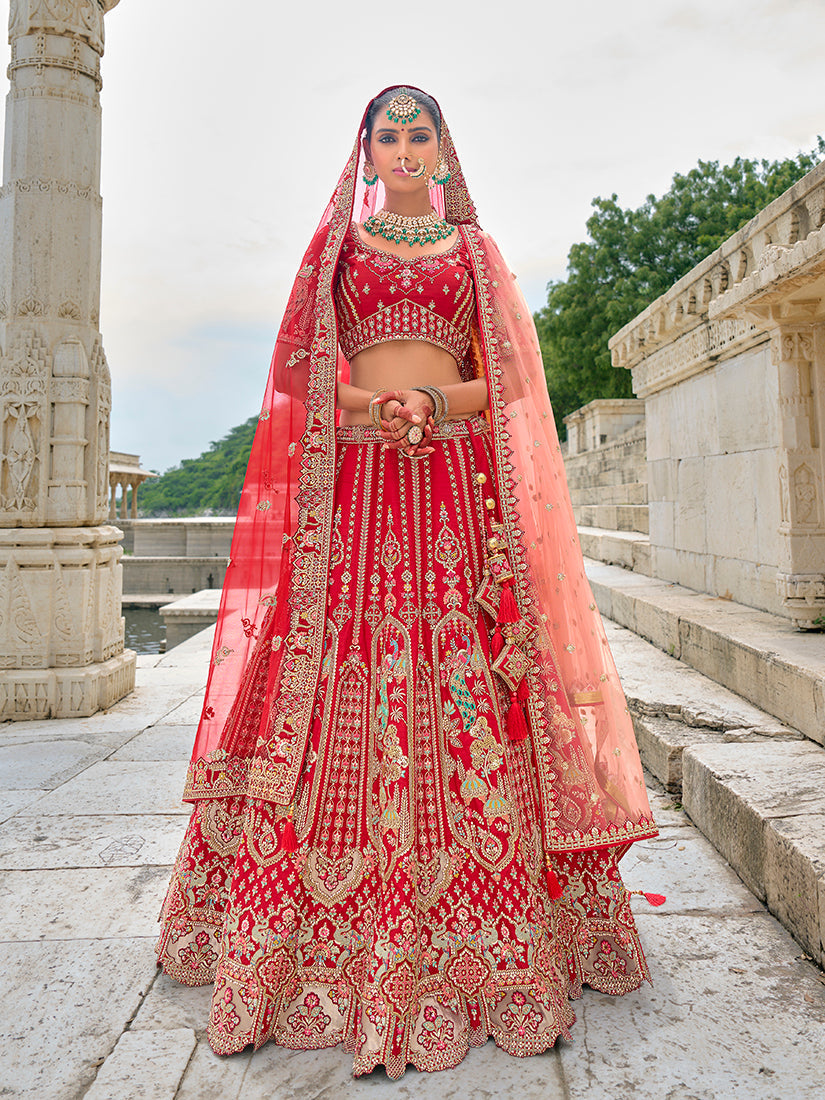 Monjolika Fashion Red Silk Embroidered Sequins Thread And Zari Work Bridal Trendy Lehenga Choli - Swadesiicart