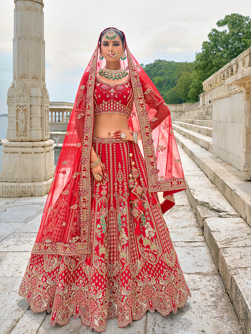 Monjolika Fashion Red Silk Embroidered Sequins Thread And Zari Work Bridal Trendy Lehenga Choli - Swadesiicart