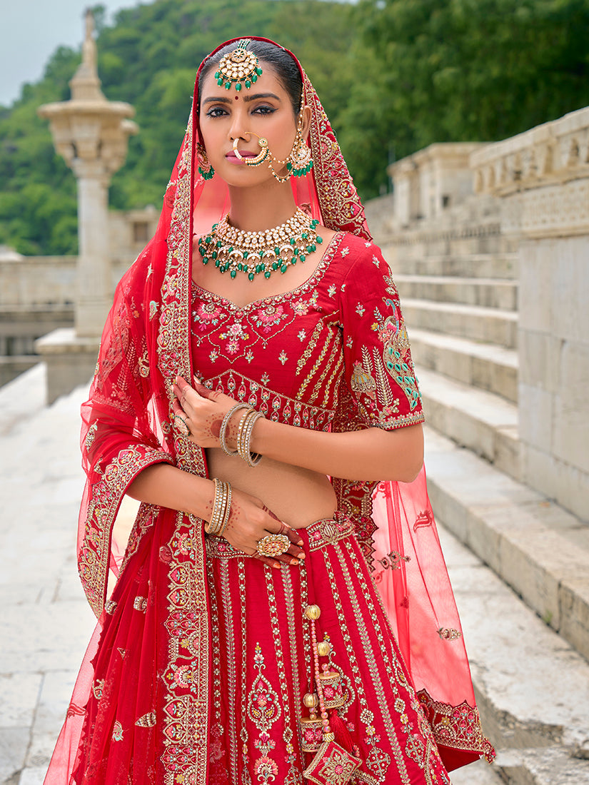 Monjolika Fashion Red Silk Embroidered Sequins Thread And Zari Work Bridal Trendy Lehenga Choli - Swadesiicart