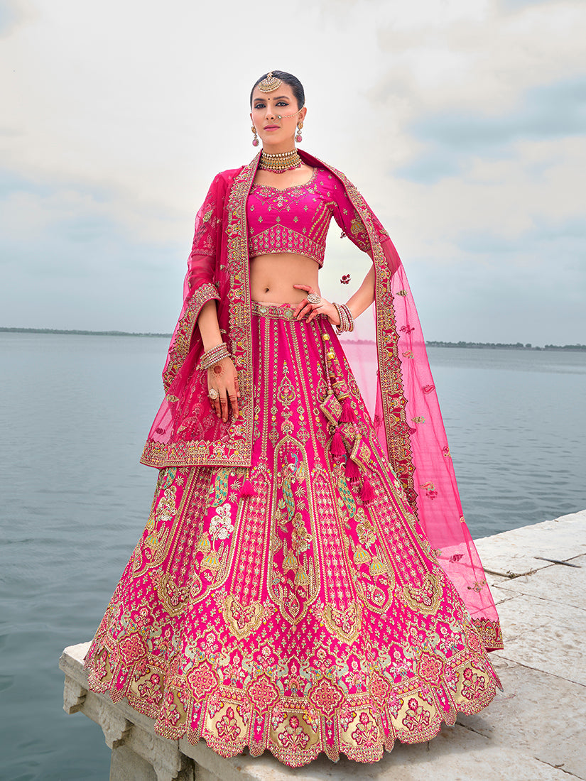 Monjolika Fashion Rani Pink Silk Embroidered Sequins Thread And Zari Work Bridal Trendy Lehenga Choli - Swadesiicart