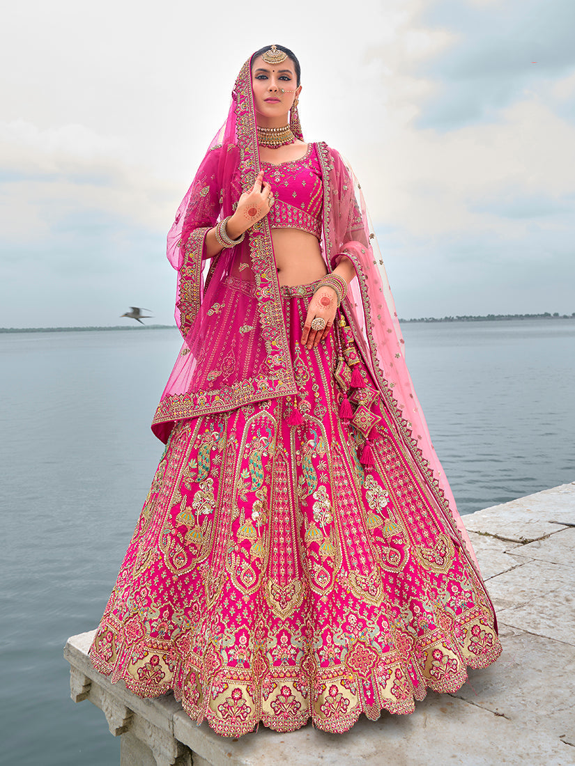 Monjolika Fashion Rani Pink Silk Embroidered Sequins Thread And Zari Work Bridal Trendy Lehenga Choli - Swadesiicart