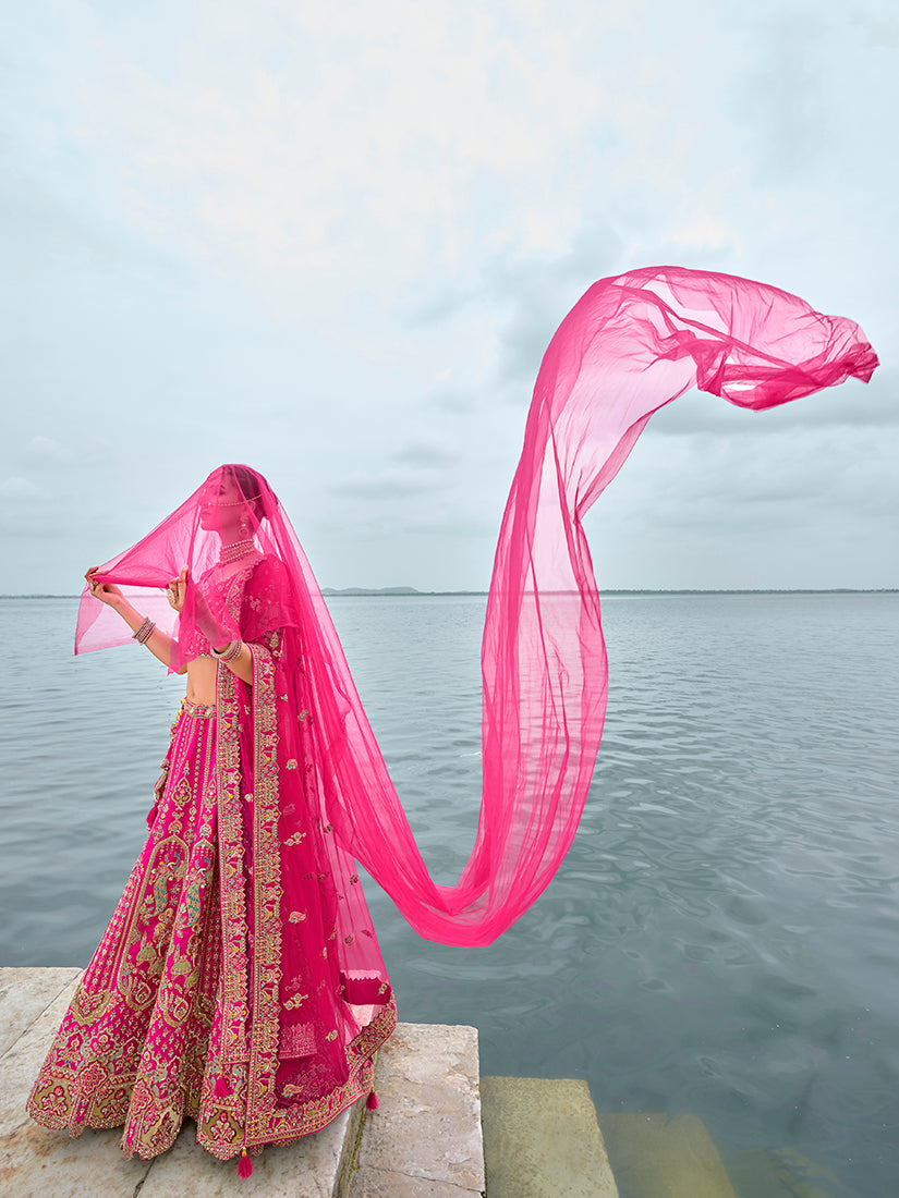 Monjolika Fashion Rani Pink Silk Embroidered Sequins Thread And Zari Work Bridal Trendy Lehenga Choli - Swadesiicart
