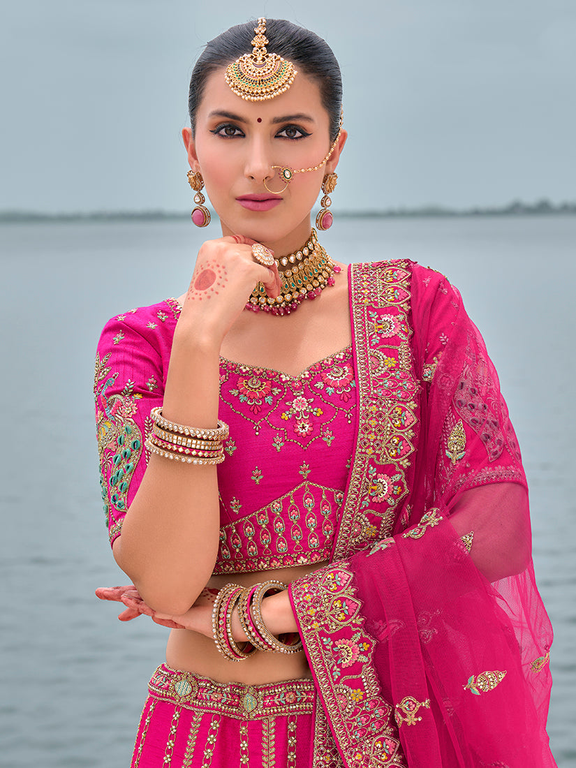 Monjolika Fashion Rani Pink Silk Embroidered Sequins Thread And Zari Work Bridal Trendy Lehenga Choli - Swadesiicart