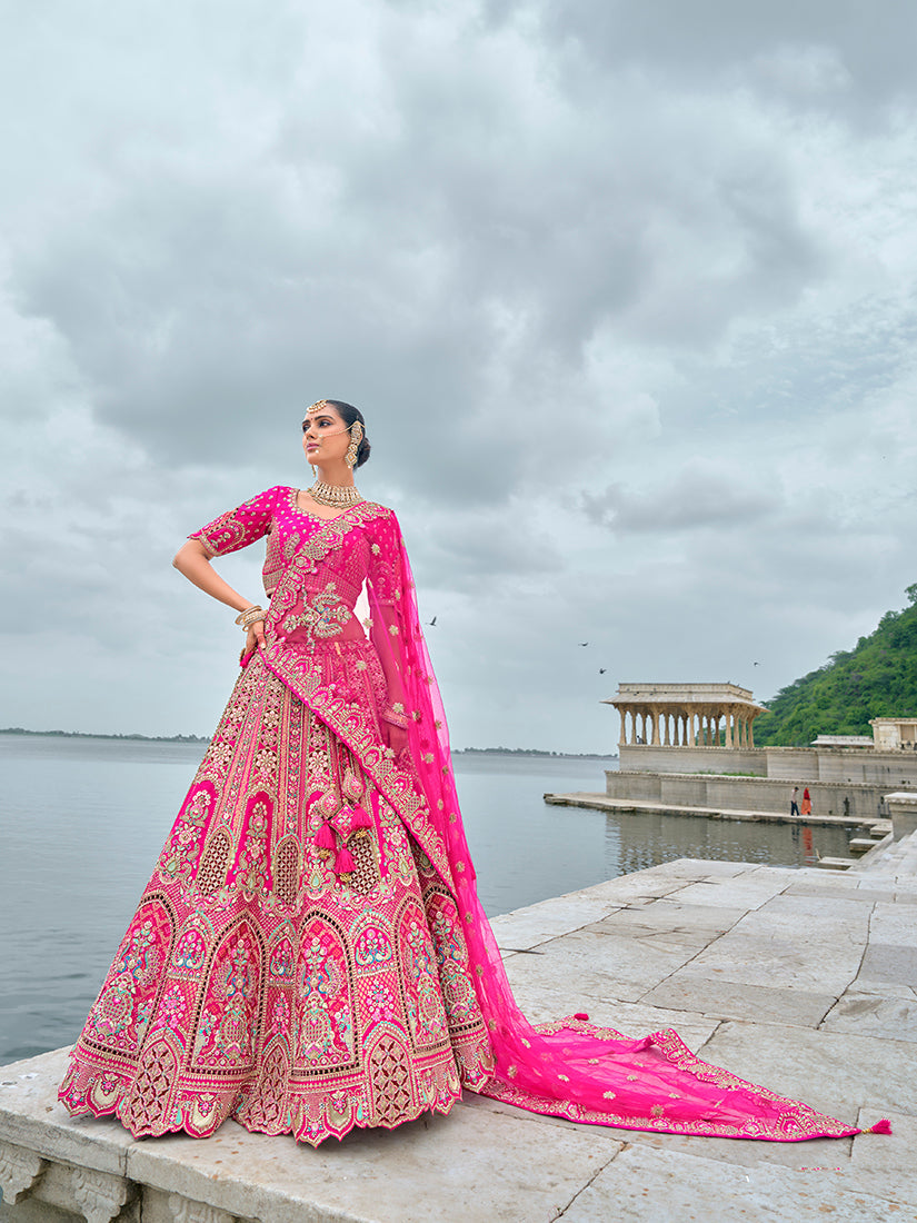 Monjolika Fashion Rani Pink Silk Embroidered Sequins Thread And Zari Work Bridal Trendy Lehenga Choli - Swadesiicart