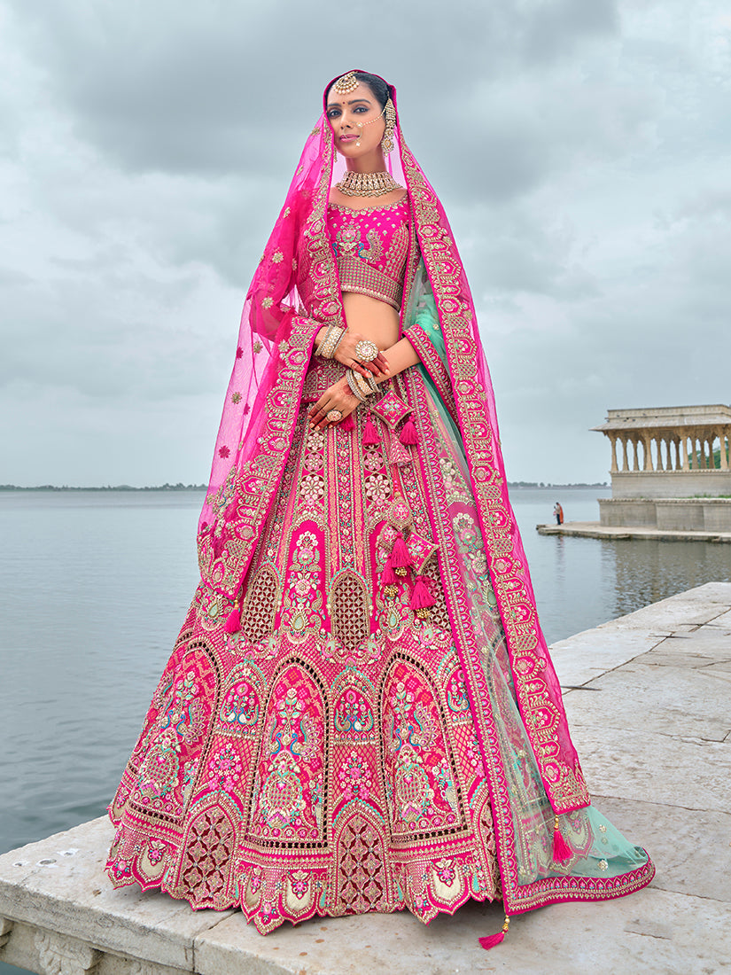 Monjolika Fashion Rani Pink Silk Embroidered Sequins Thread And Zari Work Bridal Trendy Lehenga Choli - Swadesiicart