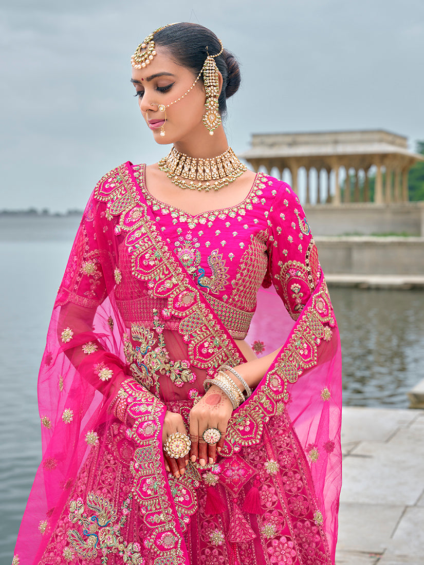 Monjolika Fashion Rani Pink Silk Embroidered Sequins Thread And Zari Work Bridal Trendy Lehenga Choli - Swadesiicart