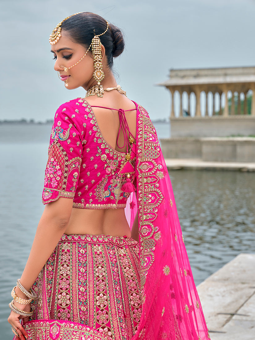 Monjolika Fashion Rani Pink Silk Embroidered Sequins Thread And Zari Work Bridal Trendy Lehenga Choli - Swadesiicart