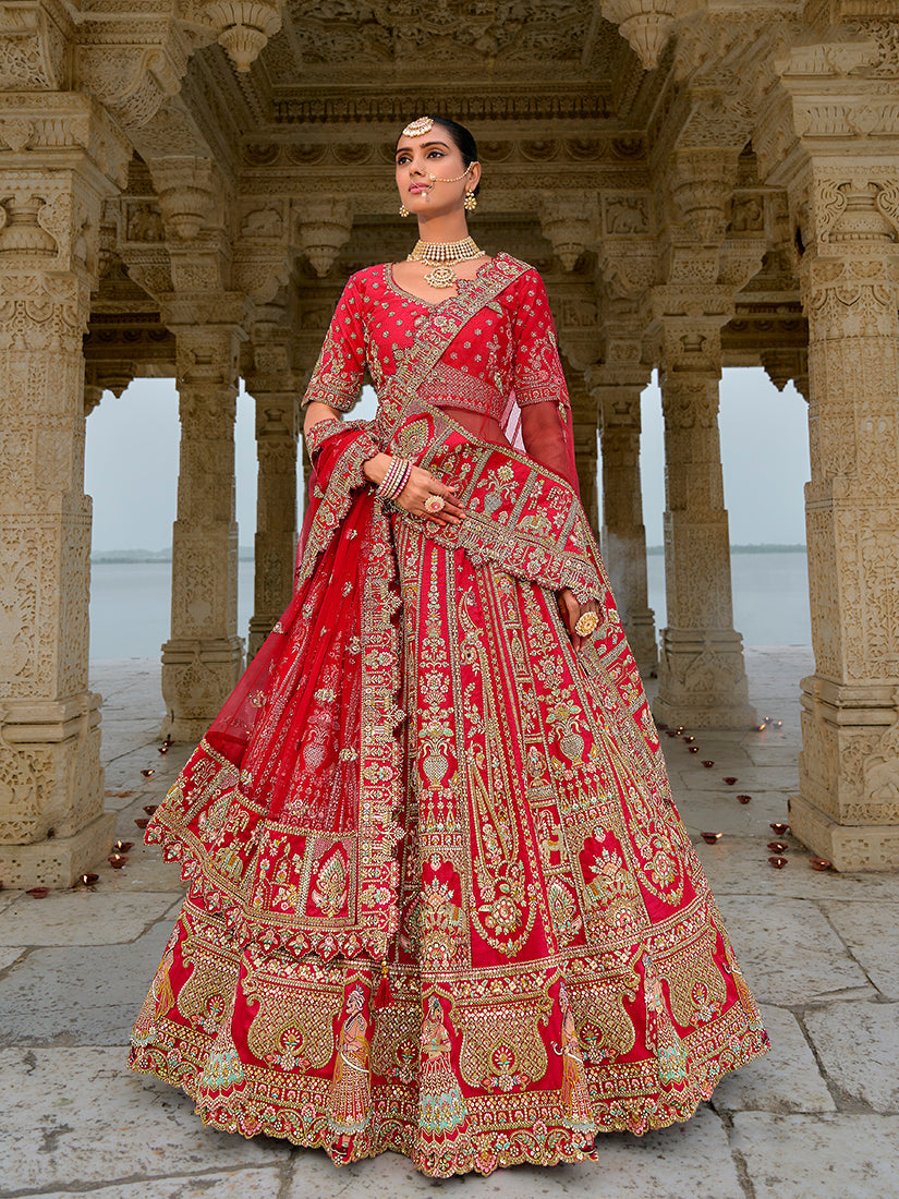 Monjolika Fashion Red Silk Embroidered Sequins Thread And Zari Work Bridal Trendy Lehenga Choli - Swadesiicart