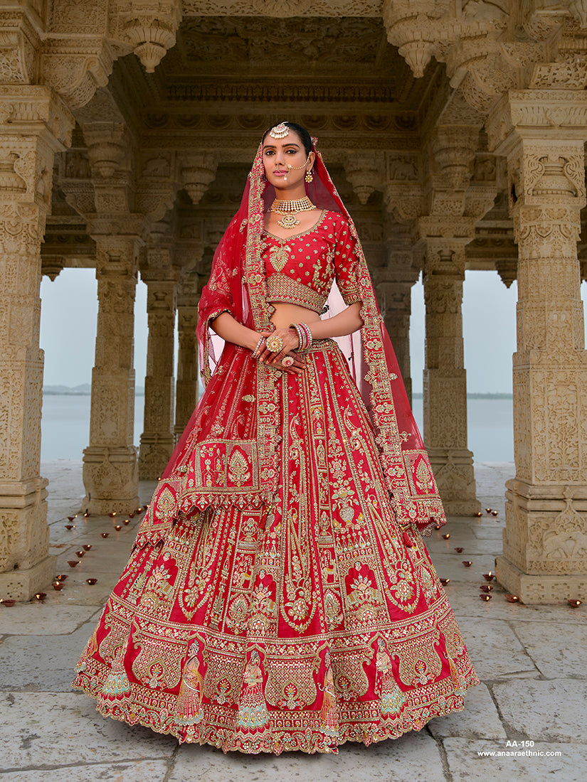 Monjolika Fashion Red Silk Embroidered Sequins Thread And Zari Work Bridal Trendy Lehenga Choli - Swadesiicart
