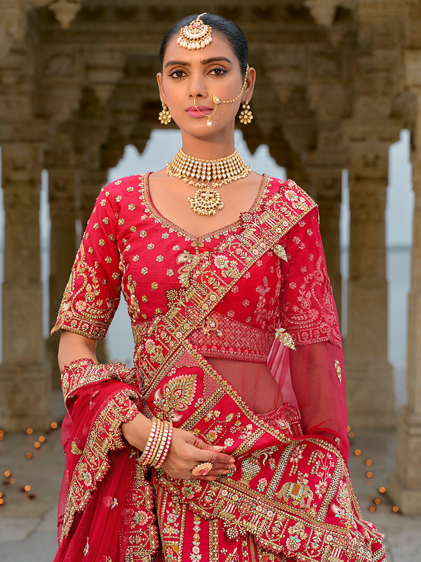 Monjolika Fashion Red Silk Embroidered Sequins Thread And Zari Work Bridal Trendy Lehenga Choli - Swadesiicart