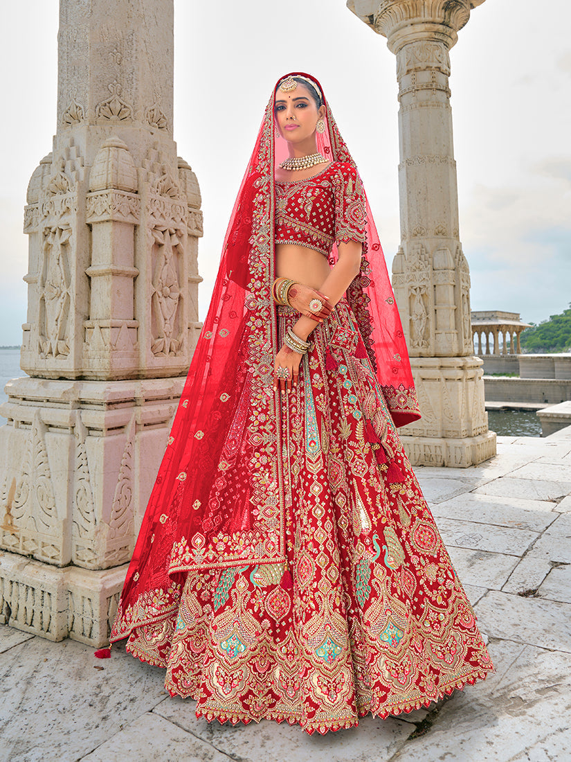Monjolika Fashion Red Silk Embroidered Sequins Thread And Zari Work Bridal Trendy Lehenga Choli - Swadesiicart