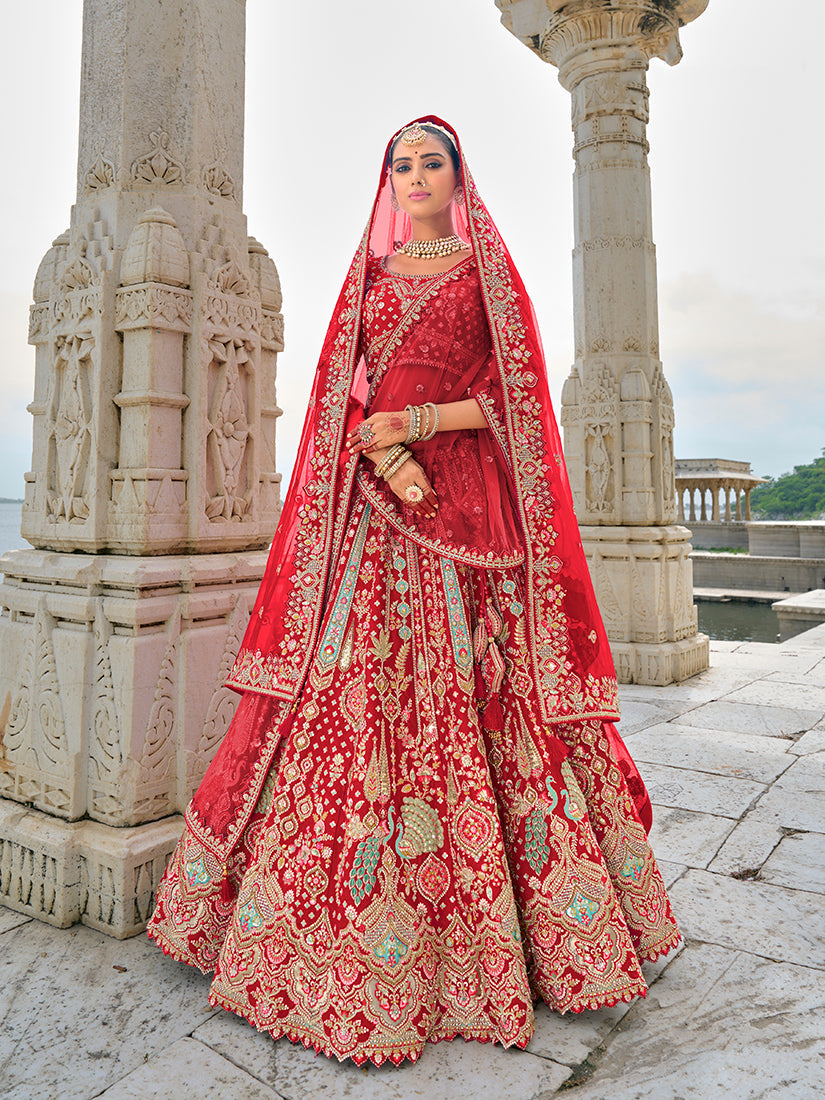 Monjolika Fashion Red Silk Embroidered Sequins Thread And Zari Work Bridal Trendy Lehenga Choli - Swadesiicart