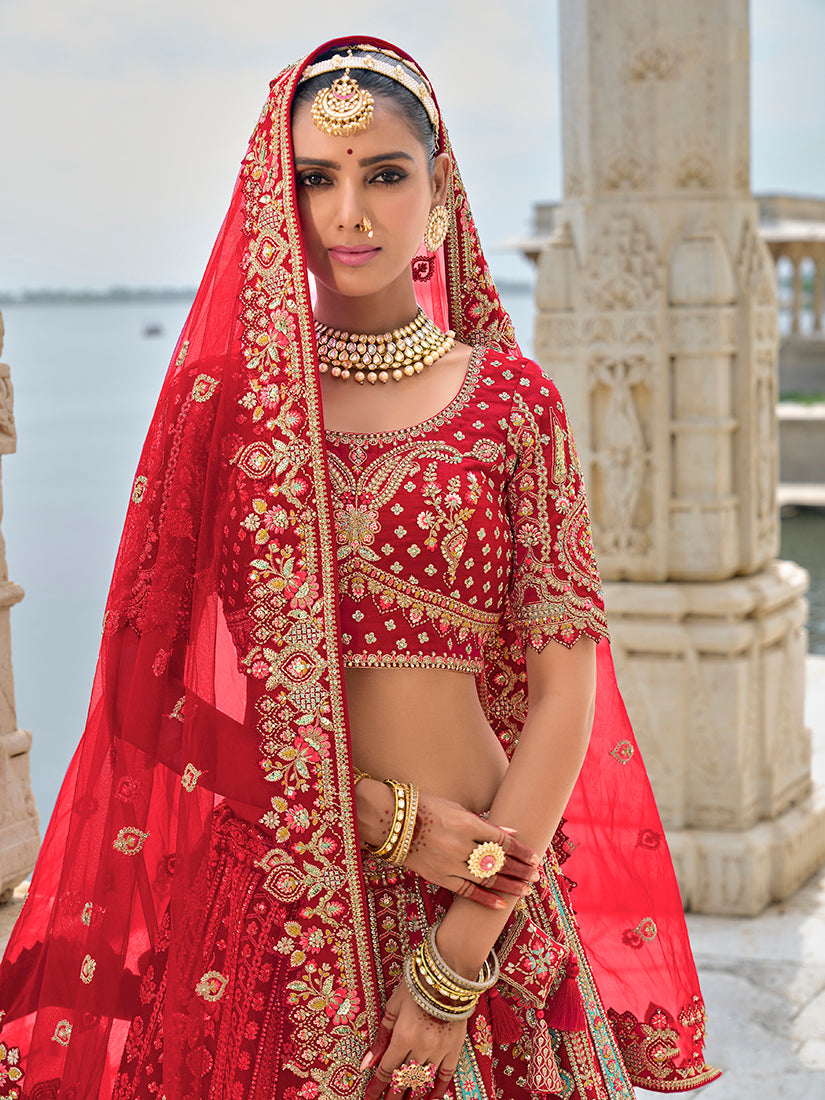 Monjolika Fashion Red Silk Embroidered Sequins Thread And Zari Work Bridal Trendy Lehenga Choli - Swadesiicart