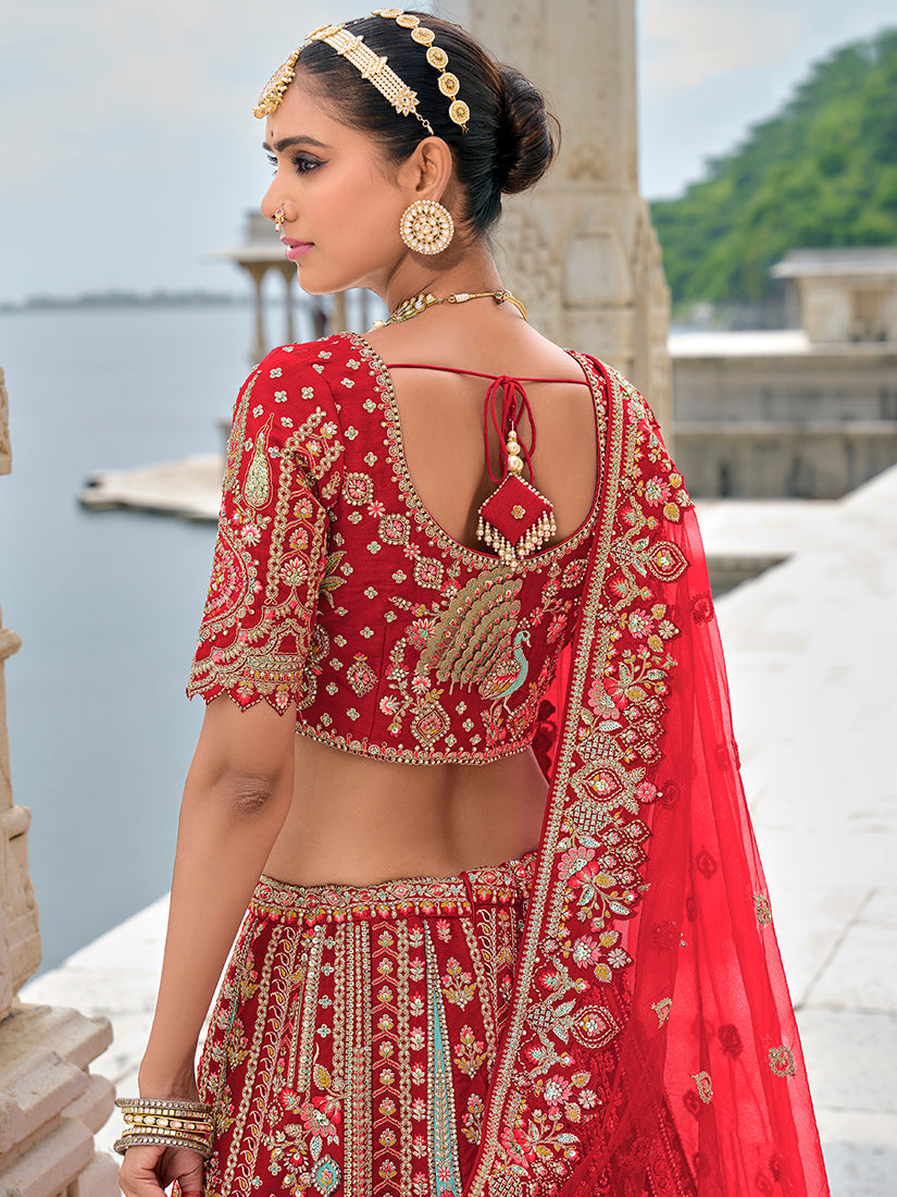 Monjolika Fashion Red Silk Embroidered Sequins Thread And Zari Work Bridal Trendy Lehenga Choli - Swadesiicart