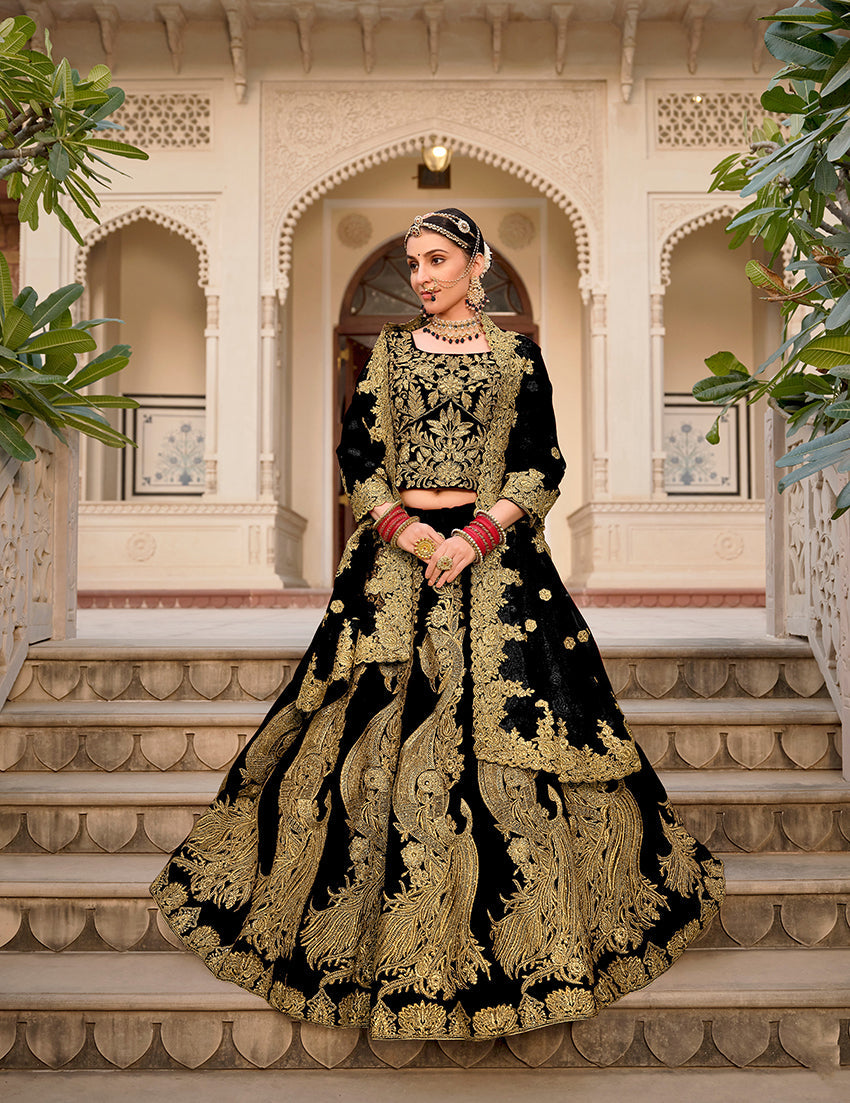 Monjolika Fashion Velvet Black Embroidered Stone Work Wedding Lehenga Choli - Swadesiicart