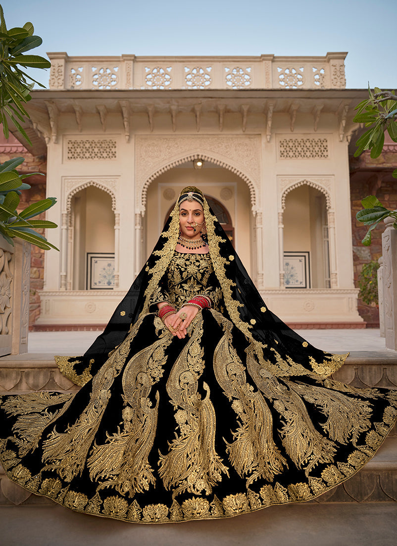 Monjolika Fashion Velvet Black Embroidered Stone Work Wedding Lehenga Choli - Swadesiicart