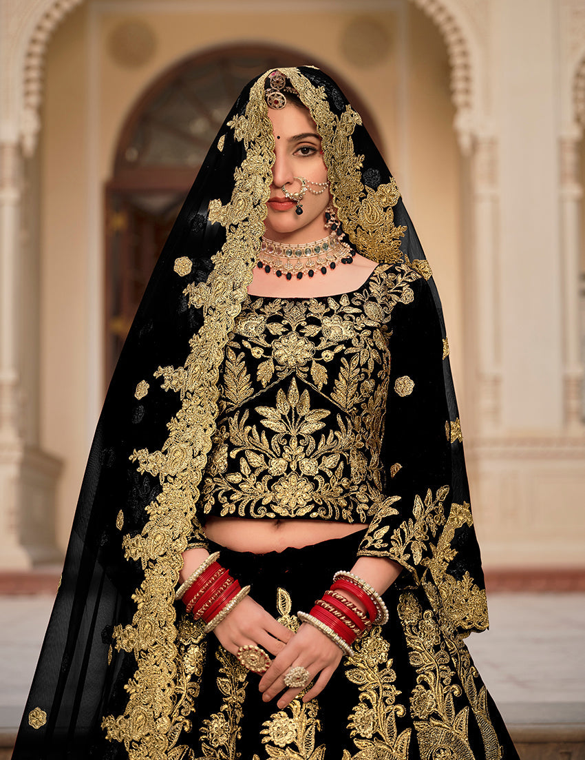 Monjolika Fashion Velvet Black Embroidered Stone Work Wedding Lehenga Choli - Swadesiicart
