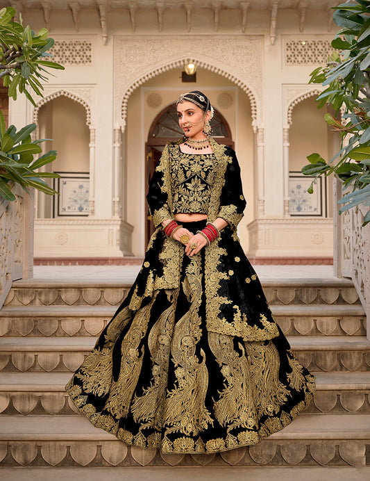 Monjolika Fashion Velvet Black Embroidered Stone Work Wedding Lehenga Choli - Swadesiicart