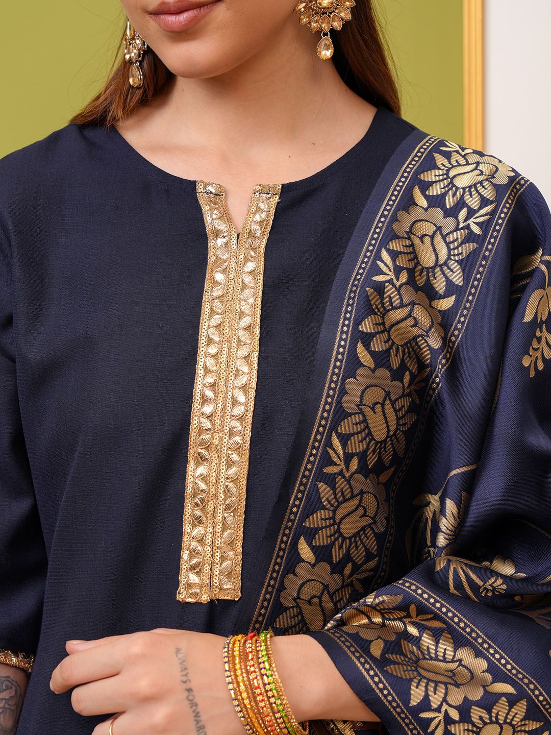 Vishudh Navy Blue & Gold Toned Round Neck Regular Kurta with Trousers & With Dupatta - Swadesiicart