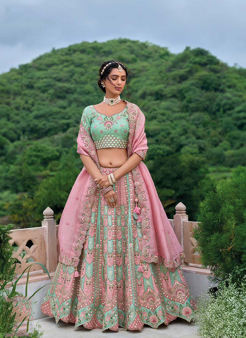 Monjolika Fashion Silk Blend Embroidered Sequins Light Turquoise And Pink Designer Lehenga Choli - Swadesiicart