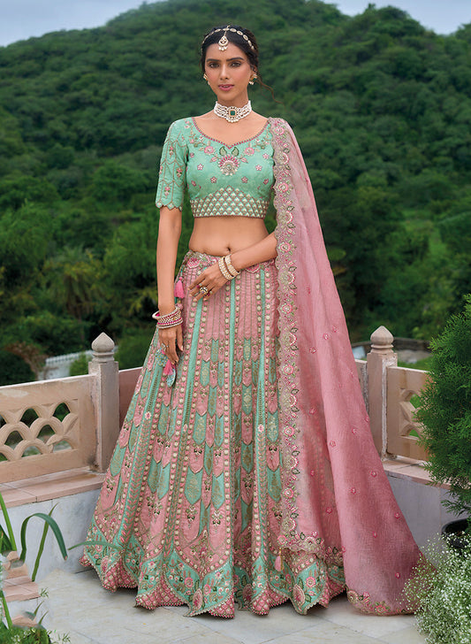 Monjolika Fashion Silk Blend Embroidered Sequins Light Turquoise And Pink Designer Lehenga Choli - Swadesiicart