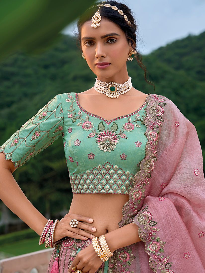 Monjolika Fashion Silk Blend Embroidered Sequins Light Turquoise And Pink Designer Lehenga Choli - Swadesiicart