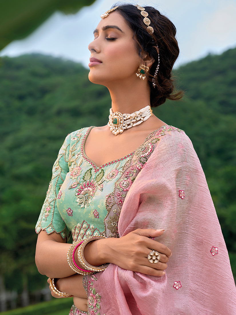 Monjolika Fashion Silk Blend Embroidered Sequins Light Turquoise And Pink Designer Lehenga Choli - Swadesiicart
