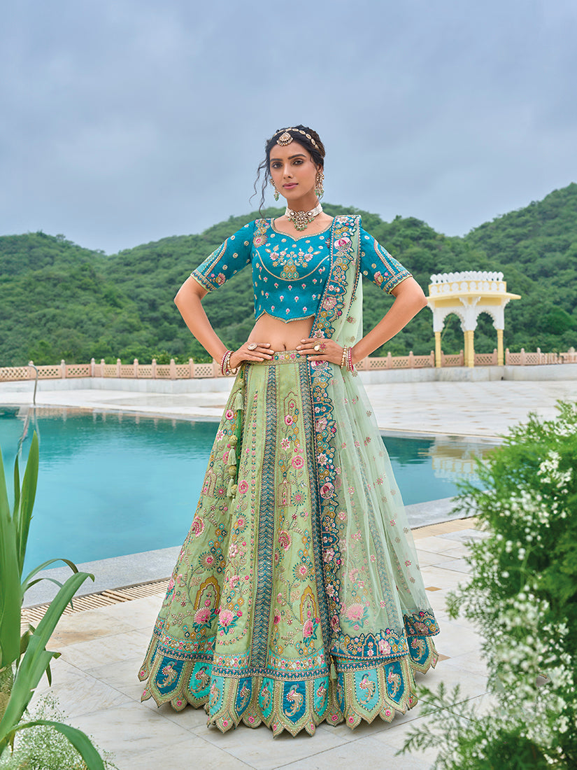 Monjolika Fashion Silk Blend Embroidered Sequins Sea Green And Turquoise Designer Lehenga Choli - Swadesiicart