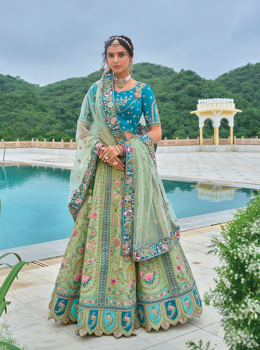Monjolika Fashion Silk Blend Embroidered Sequins Sea Green And Turquoise Designer Lehenga Choli - Swadesiicart